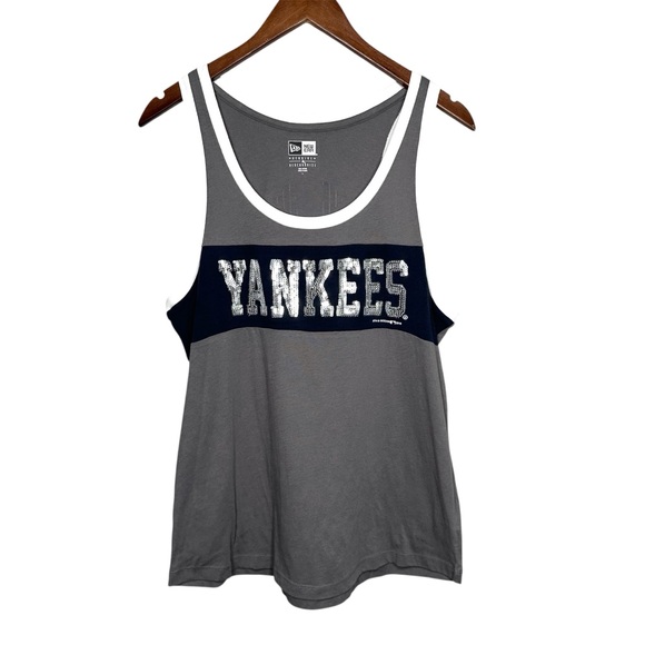 New Era Tops - New York Yankees Women's L Baseball Bling Sleeveless Tank Grey Blue Athletic